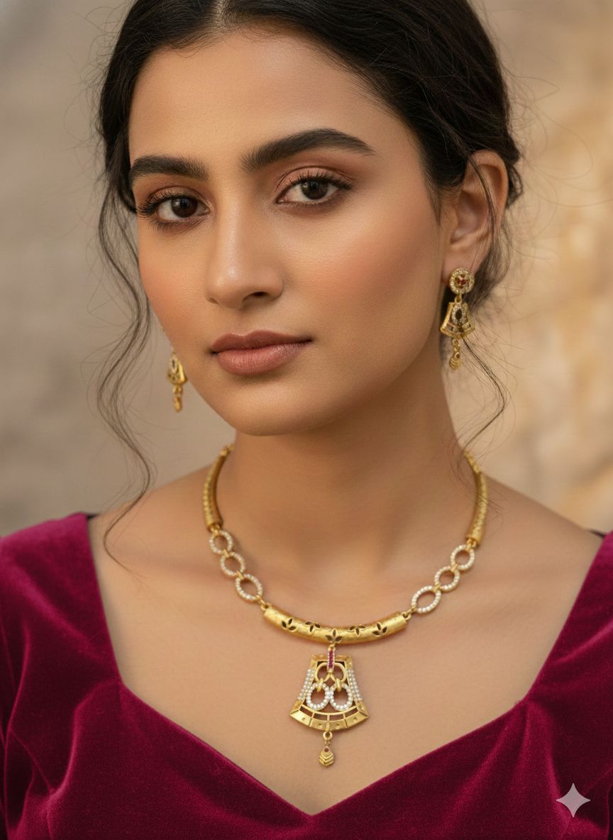 Elegant Micro Gold Plated And Diamond Pendant Necklace Set with Matching Earrings