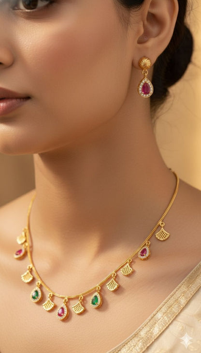 Micro Gold Plated Ruby & Emerald Drop Charm Necklace with Matching Earrings – Elegant Daily Wear Set