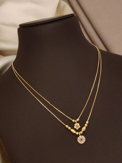 Micro Gold Plated Dual Layer Floral Pendant Necklace – AD Diamond Studded Elegant Daily Wear Chain