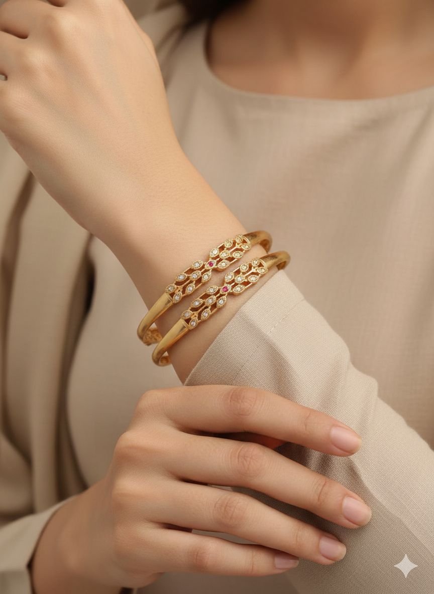 Micro Gold Plated And Diamond Studded Fancy 2 Pcs Bangle