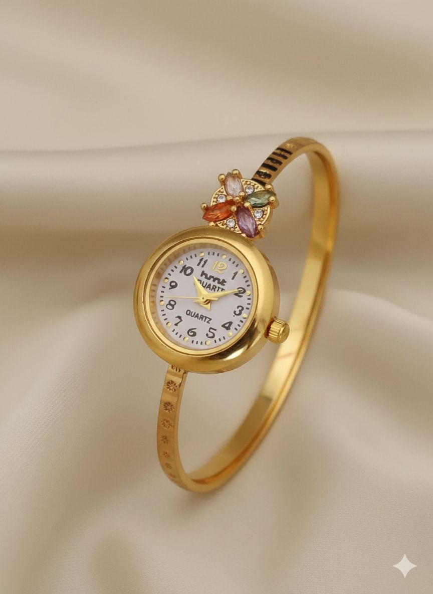 Beautiful Golden Floral And Stone Studded Bracelet Watch For Women