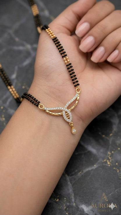 Elegant Diamond Curve Mangalsutra with Dual Black Bead Chain & Drop Charm