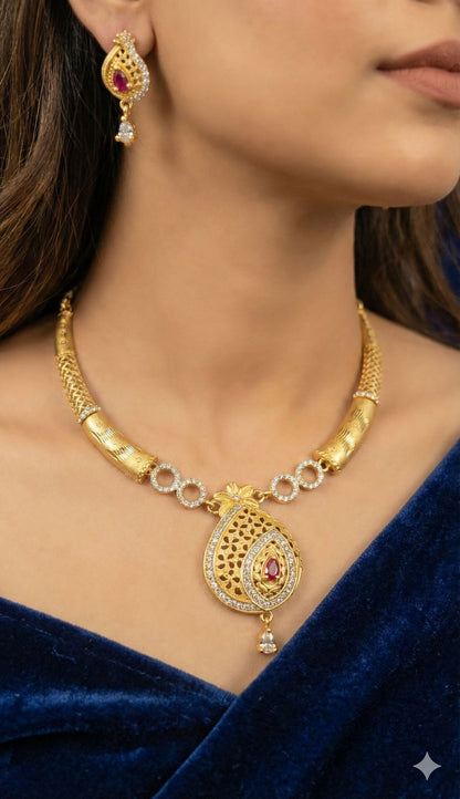 Royal Ruby Teardrop Gold Plated Necklace Set