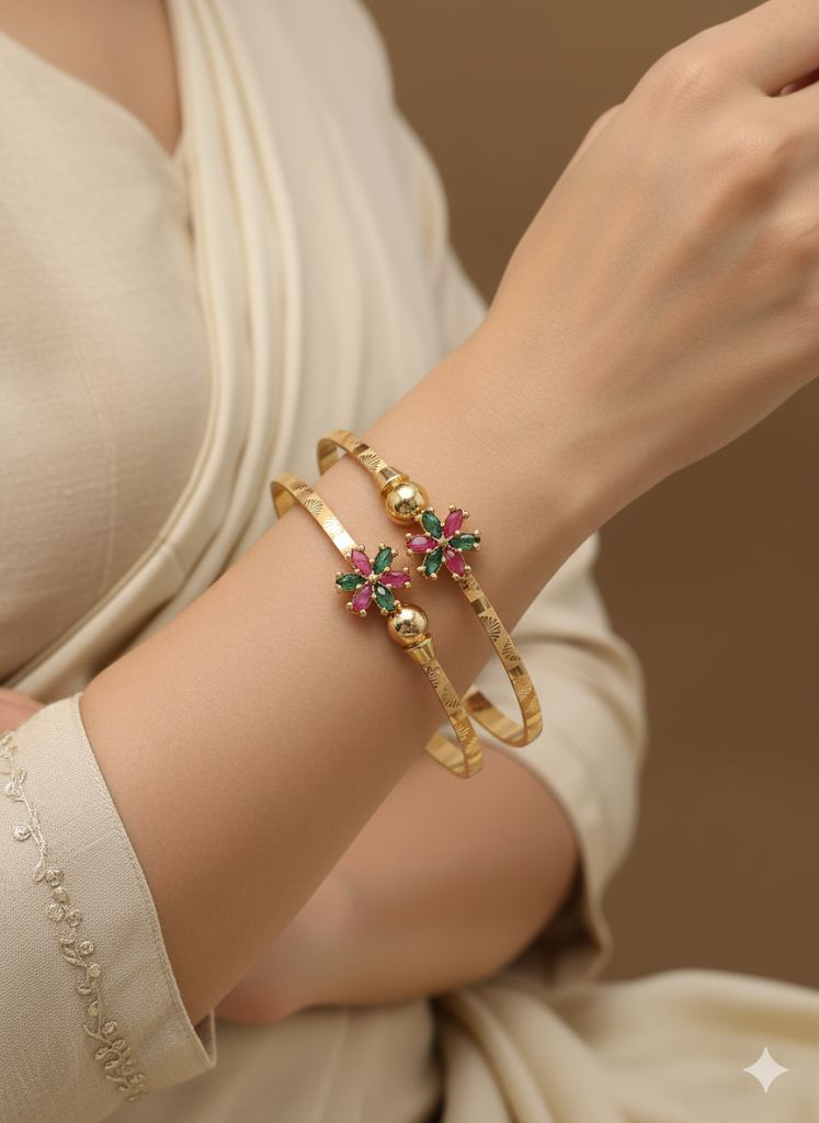 Micro Gold Plated And Diamond Studded Fancy Flower Design Adjustable Kadas Bangle
