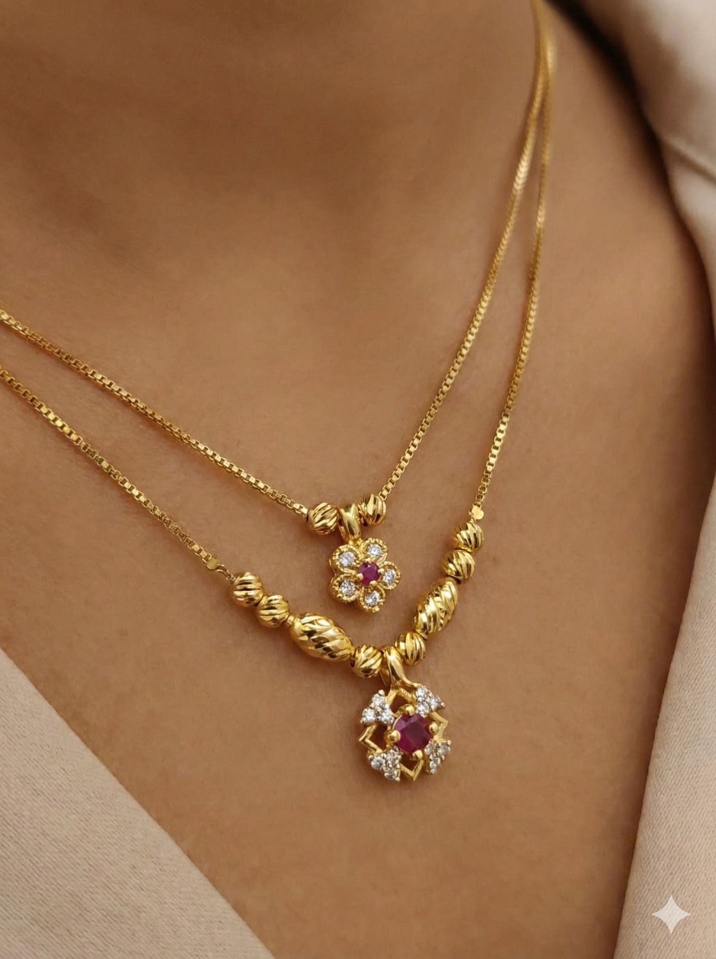 Micro Gold Plated AD Diamond Studded Ruby Floral Dual-Layer Pendant Necklace