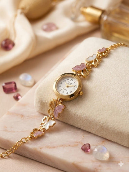 Elegant Butterfly Charm Gold Plated Adjustable Ladies Bracelet Watch