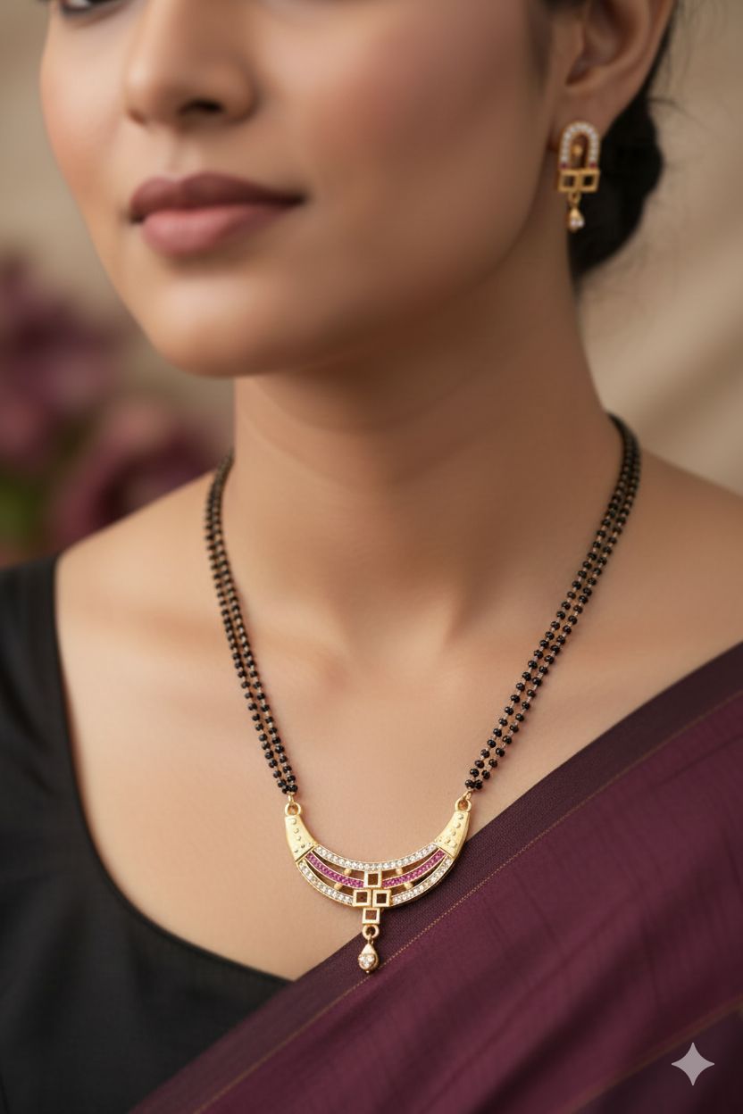 Designer Curved And Diamond & Ruby Stone Gold-Plated 24 Inches Mangalsutra Set with Earrings