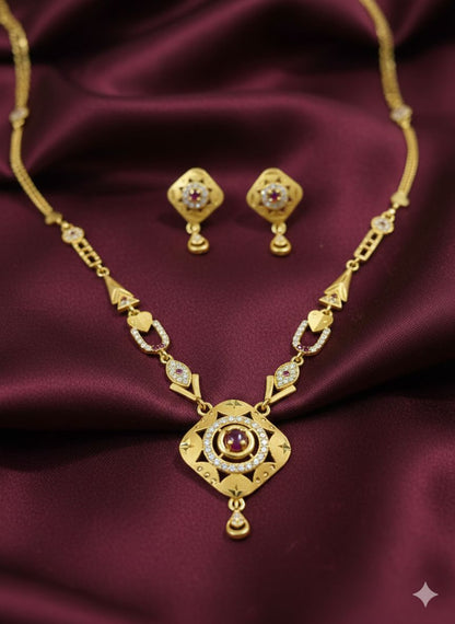 Micro Gold Plated And Diamond Studded Forming Square Necklace with Earrings For Women