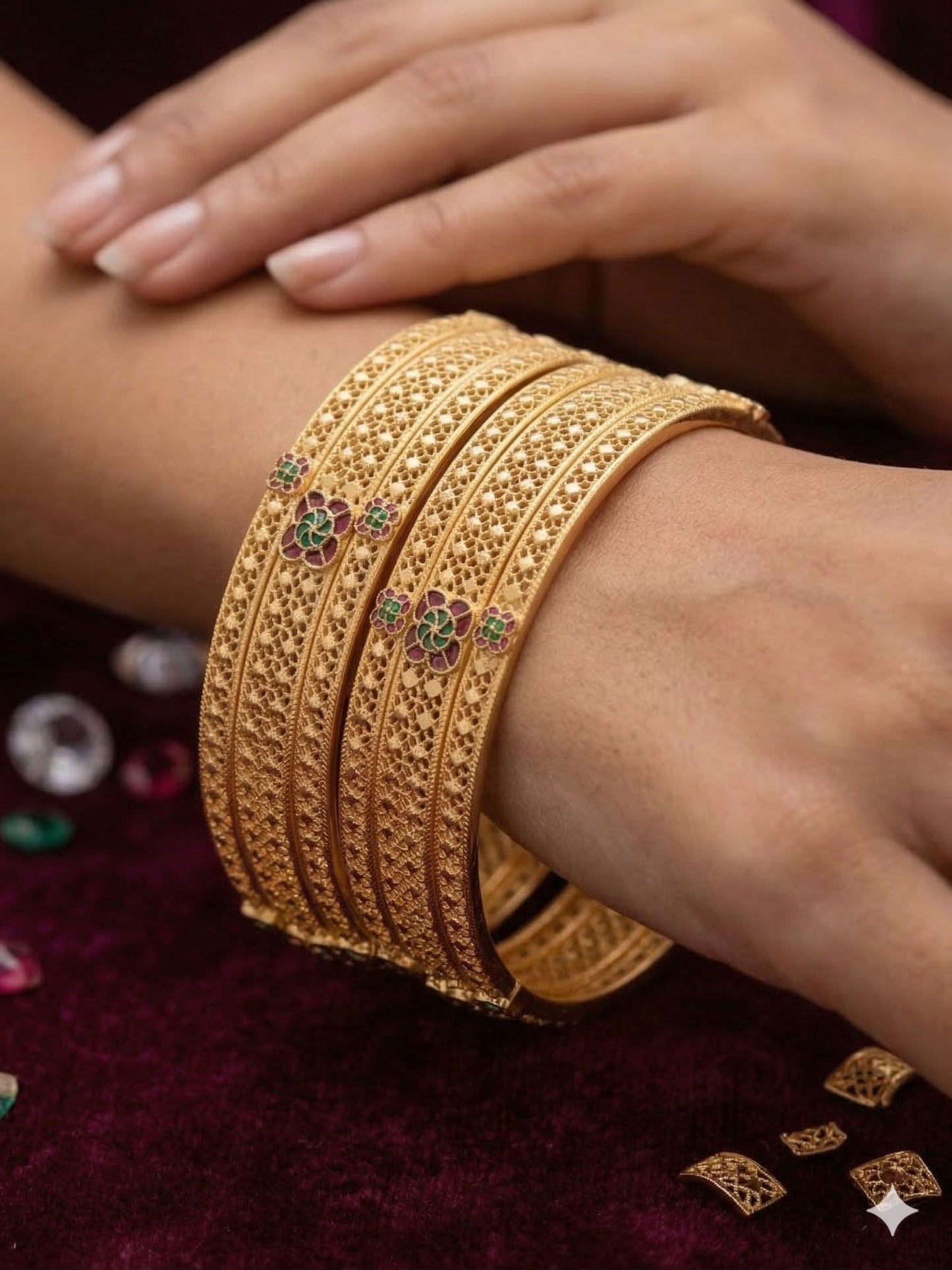 Royal Floral Filigree Micro Gold Plated Ruby & Emerald Stone Studded Fancy Bangles Set