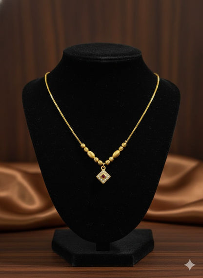 Micro Gold Plated Beaded Chain with Square And Stone Pendant For Women