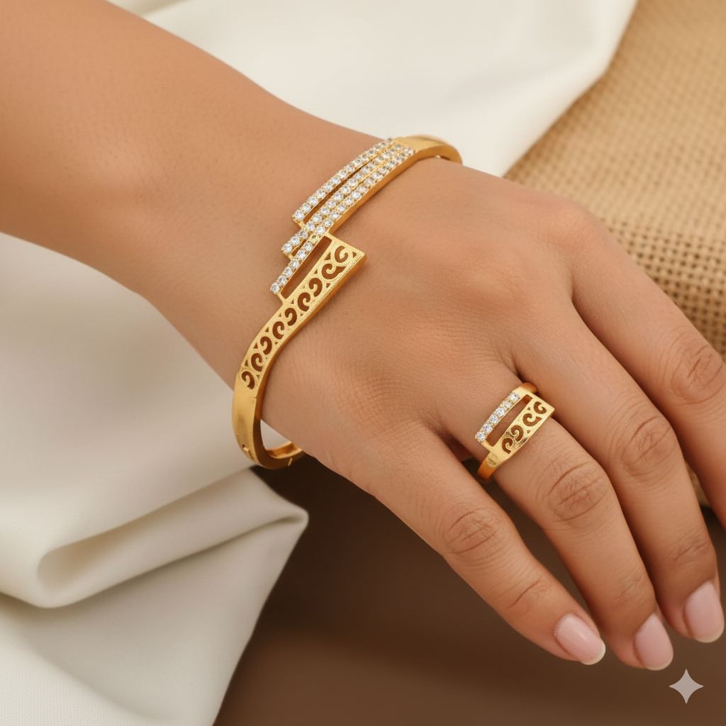 Micro Gold Plated And Diamond Studed Fancy Adjustable Barcelet with Ring