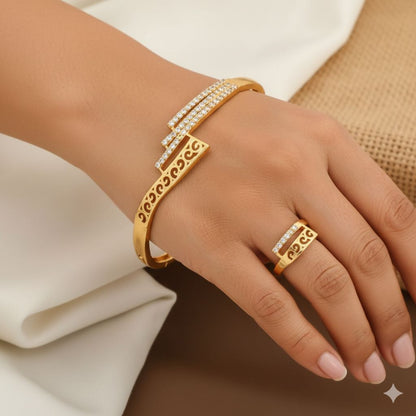 Micro Gold Plated And Diamond Studed Fancy Adjustable Barcelet with Ring