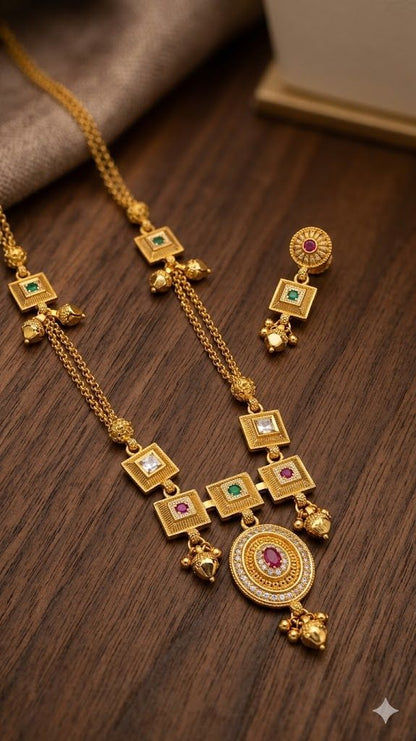 Royal Heritage Gold Necklace & Earring Set with Gemstone Accents