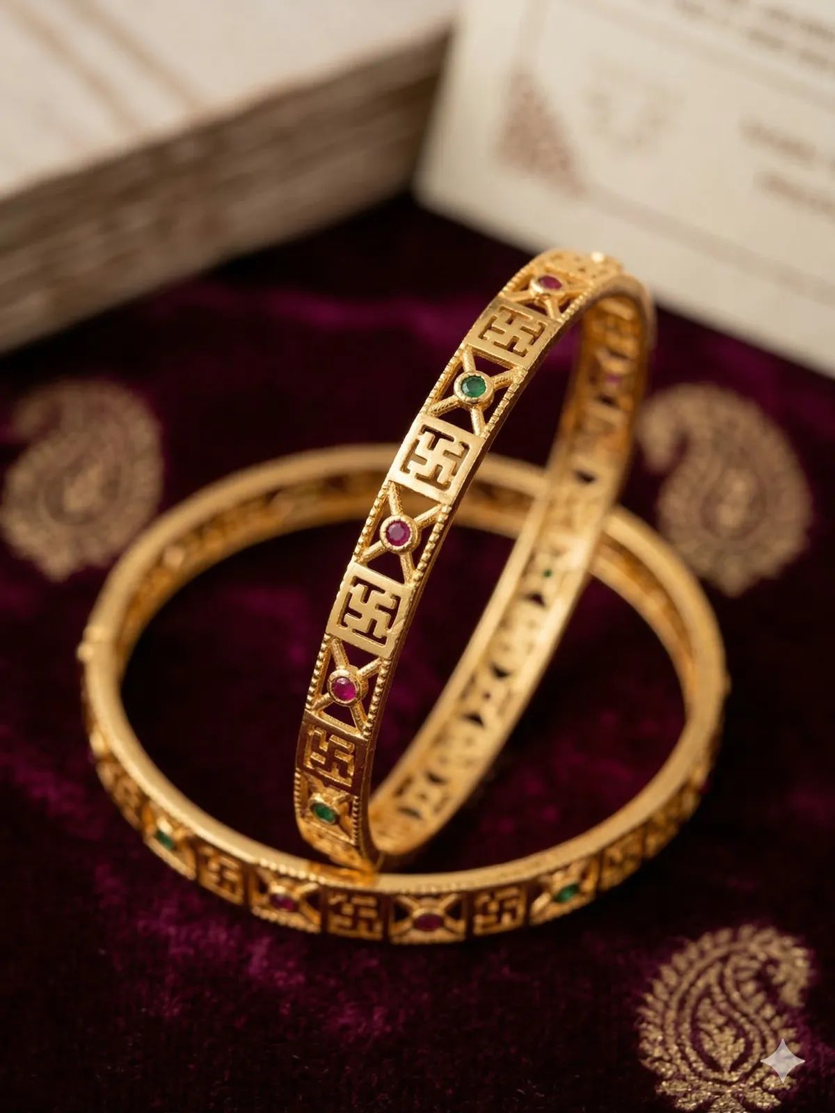 Heritage Swastik Gold plated 2 pcs bangle with Multicolor Stones.