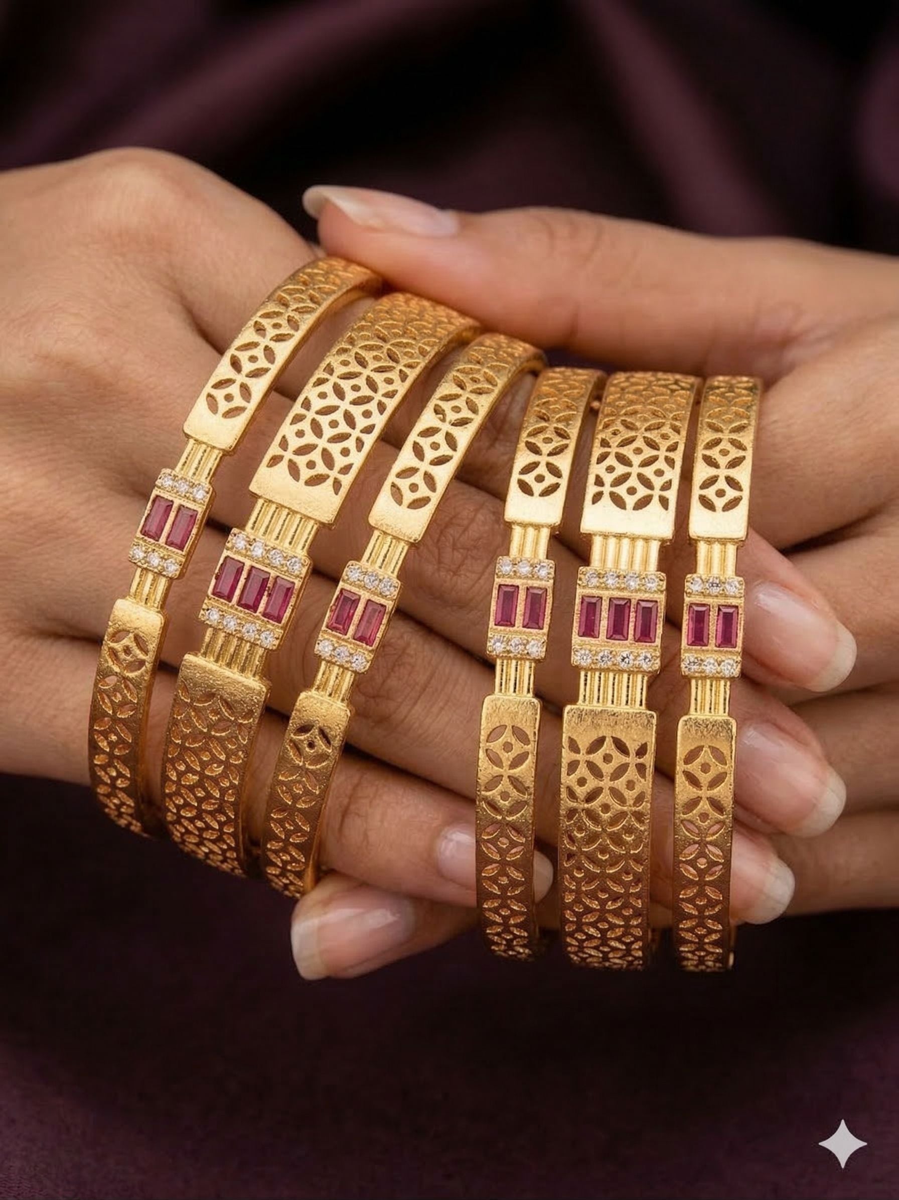 Micro Gold Plated  Designer And Diamonds 6 Pcs Bangles