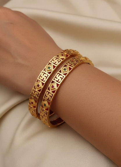 Divine Swastik Micro Gold Plated Kundan Bangles – Traditional Auspicious Design