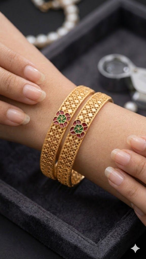 Royal Floral Enamel Micro Gold Plated Fancy 2 Pcs Bangles