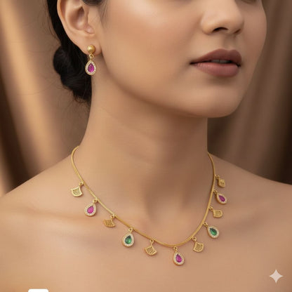 Micro Gold Plated Ruby & Emerald Drop Charm Necklace with Matching Earrings – Elegant Daily Wear Set