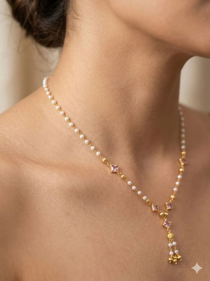 Micro Gold Plated Pearl 18 iches Chain with Pink Stone Accents & Elegant Drop