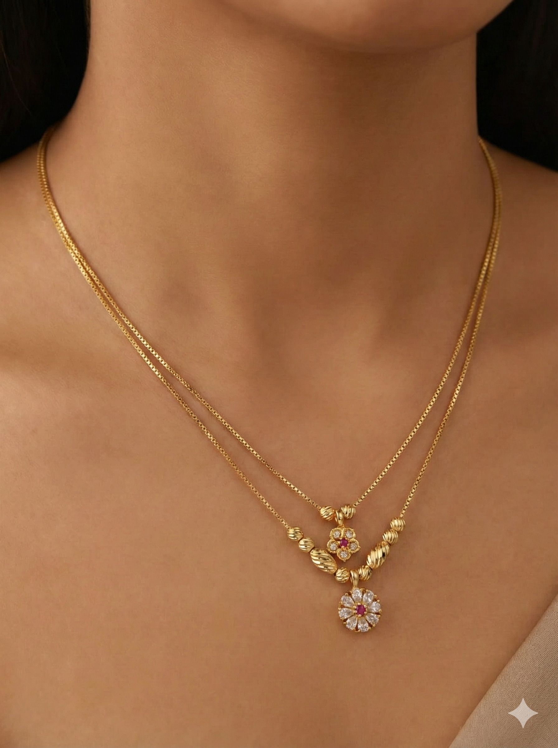 Micro Gold Plated Dual Layer Floral Pendant Necklace – AD Diamond Studded Elegant Daily Wear Chain
