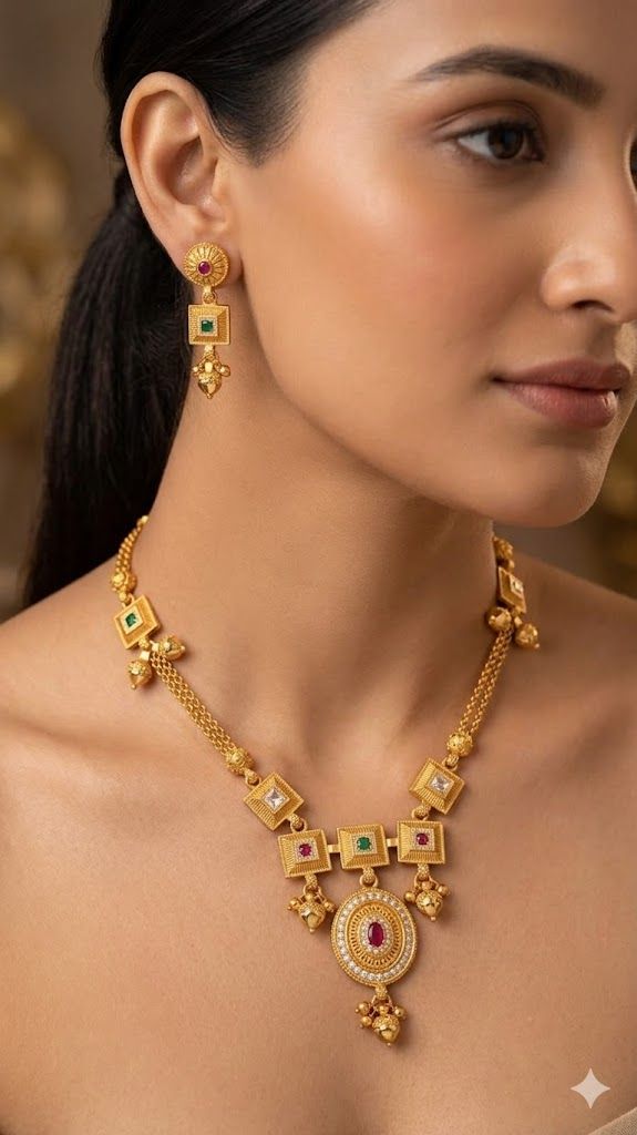 Royal Heritage Gold Necklace & Earring Set with Gemstone Accents