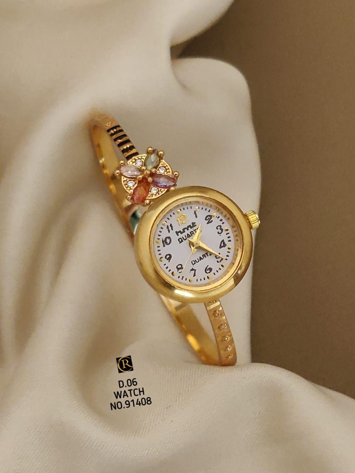 Beautiful Golden Floral And Stone Studded Bracelet Watch For Women
