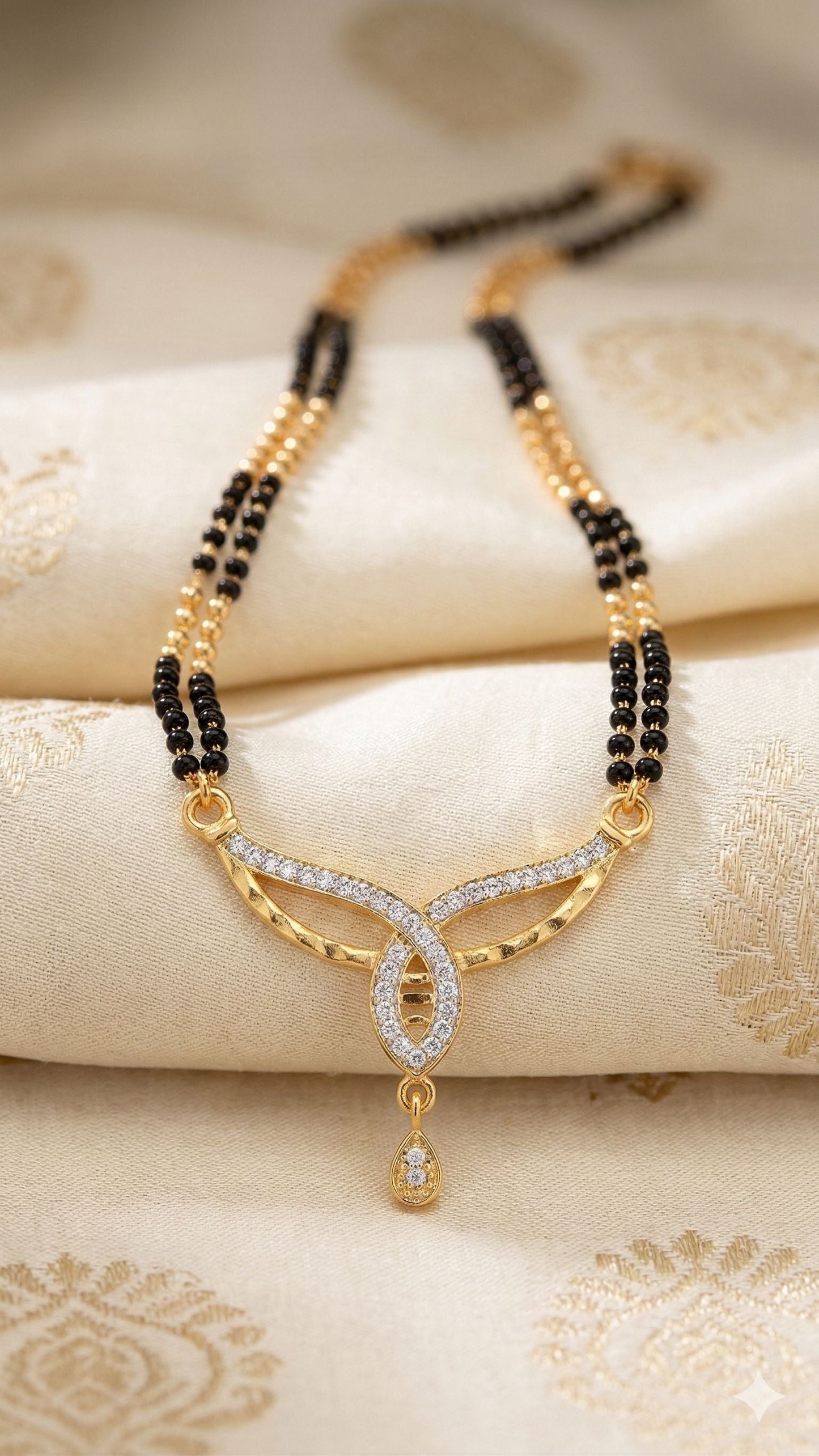 Elegant Diamond Curve Mangalsutra with Dual Black Bead Chain & Drop Charm