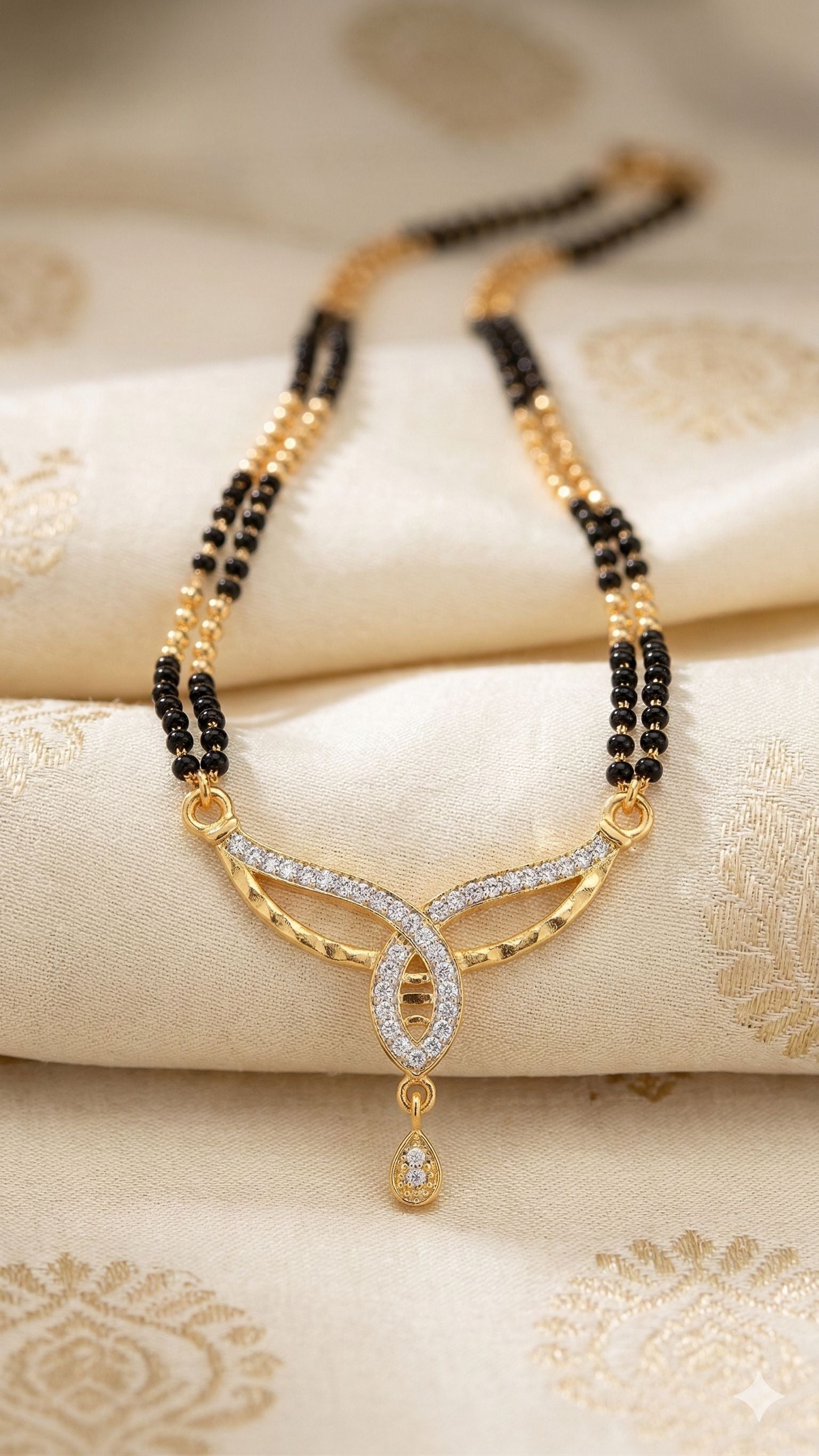 Elegant Diamond Curve Mangalsutra with Dual Black Bead Chain & Drop Charm