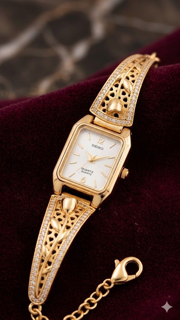 Elegant Gold-Tone Crystal Studded Designer Adjustable Watch Bracelet