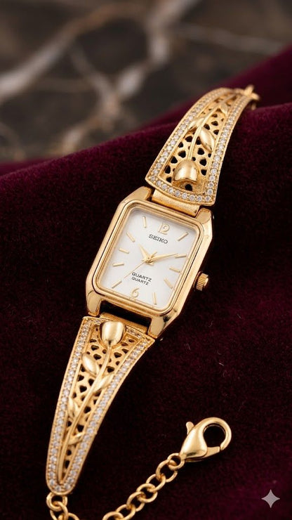 Elegant Gold-Tone Crystal Studded Designer Adjustable Watch Bracelet