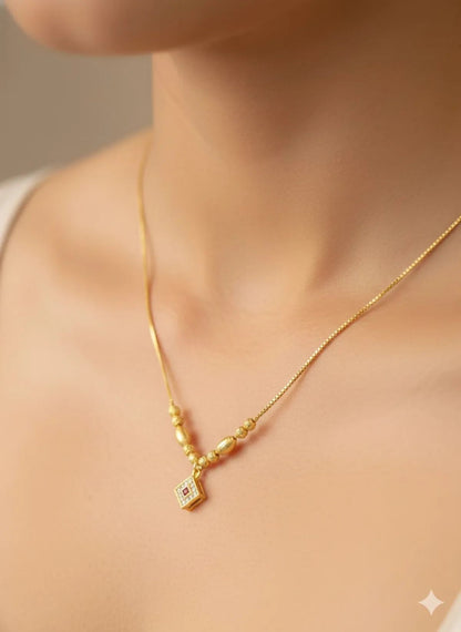 Elegant Gold Beaded Necklace with Ruby-Inspired 18 inches Pendant
