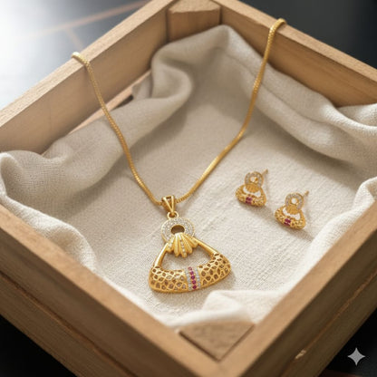 Golden Aura Ruby Charm Pendant Set – Elegant Daily Wear Necklace & Earrings
