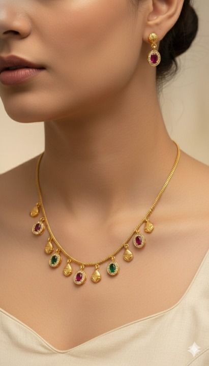 Royal Ruby & Emerald Drop Necklace Set with Matching Earrings – Micro Gold Plated Traditional Jewelry