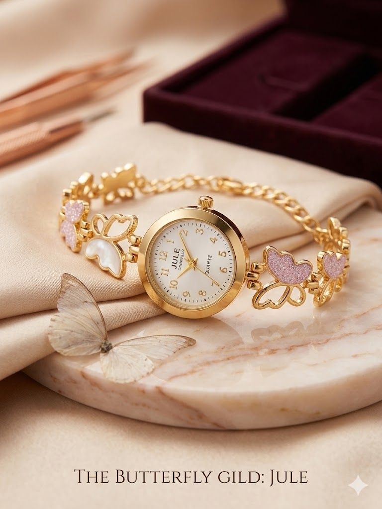 Elegant Butterfly Charm Gold Plated Adjustable Ladies Bracelet Watch