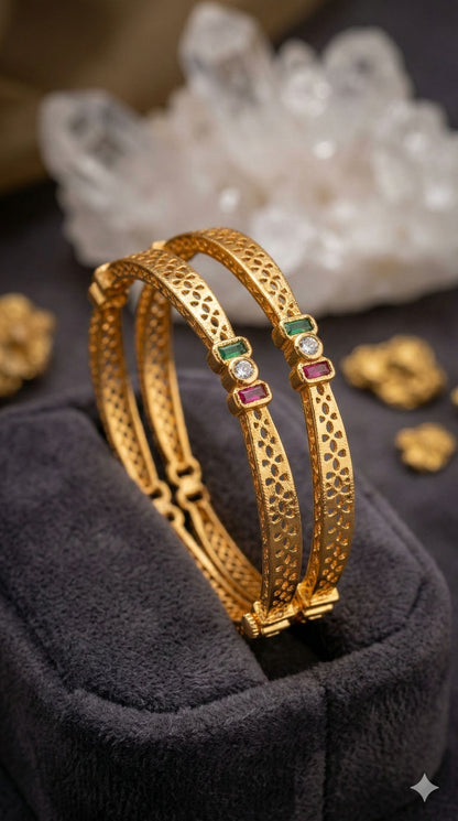Royal Trinity Micro Gold Plated Ruby & Emerald Stone Designer Bangles (Set Of 2)