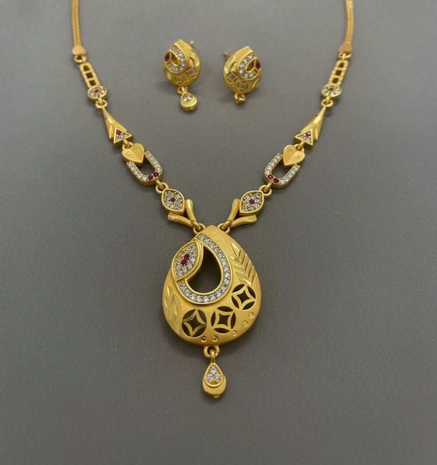 Micro Gold Plated And  Diamond Studded Fancy Oval  Pendant Set with Earring