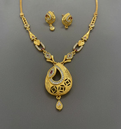 Micro Gold Plated And  Diamond Studded Fancy Oval  Pendant Set with Earring