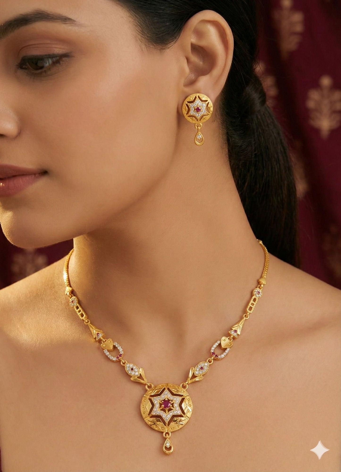 Royal Starburst And Diamond Gold-Plated Necklace Set with Matching Earrings
