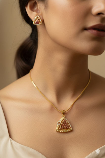 Micro Gold Plated Royal Ruby Triangle -Shaped Pendant Set with Earrings