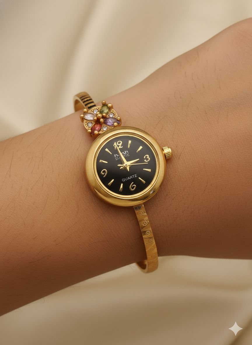 Micro Gold Plated And Diamond Studded Adjustable Bracelet Watch