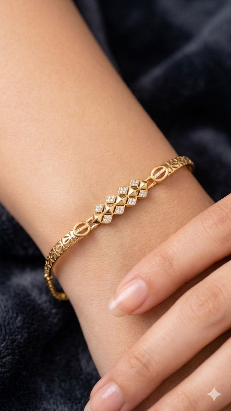 Elegant Gold-Plated Floral Link Bracelet with AD Stone triangle shape adjustable bracelet