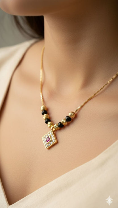 Elegant Ruby Square Charm Gold-Plated Mangalsutra Necklace