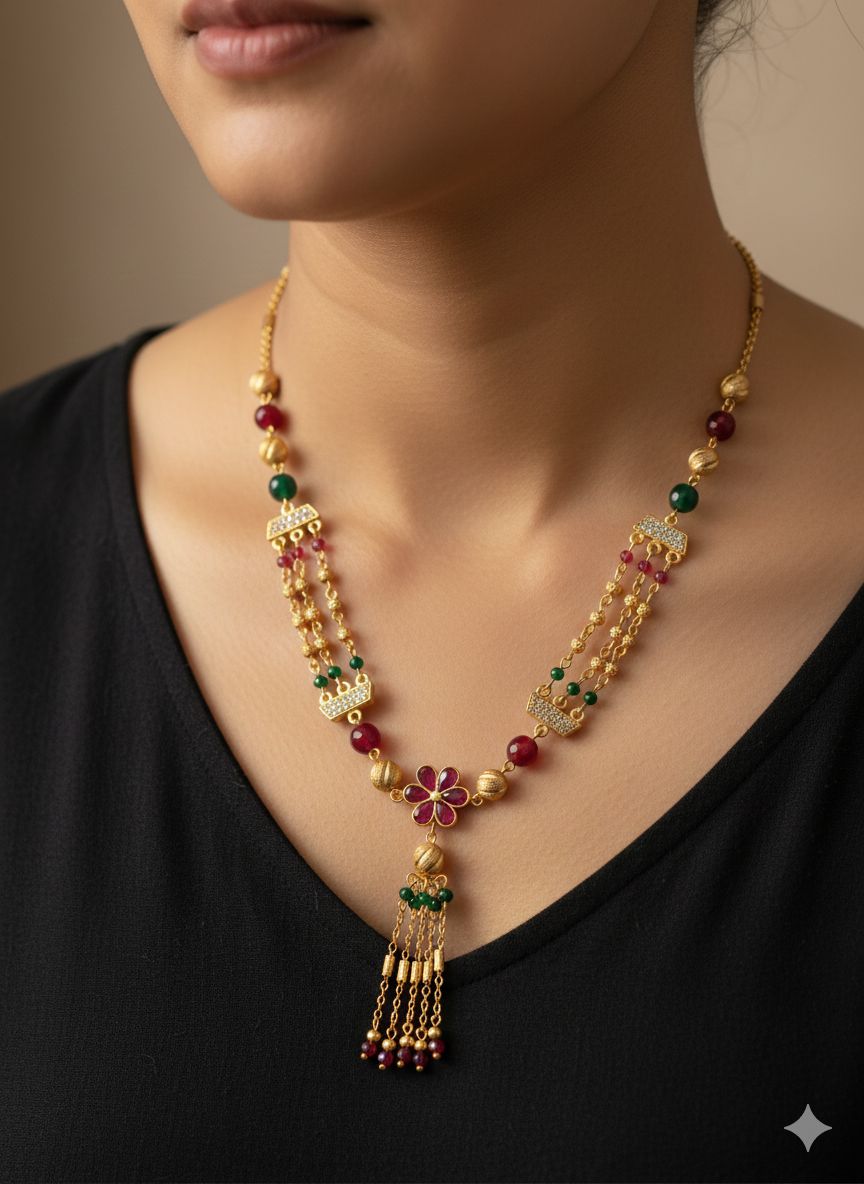 Golden Ruby And And Diamond Floral Pendant Chain For Women