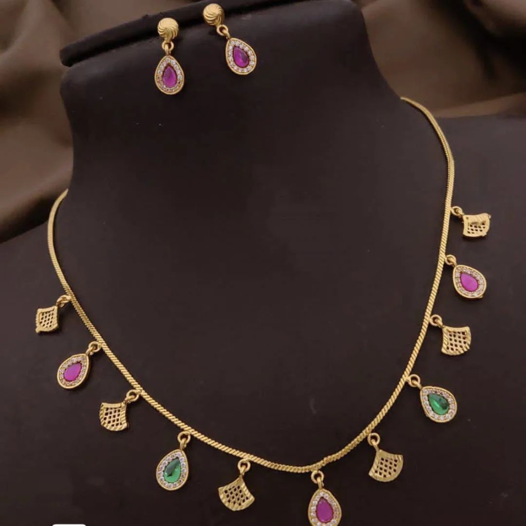 Micro Gold Plated Ruby & Emerald Drop Charm Necklace with Matching Earrings – Elegant Daily Wear Set