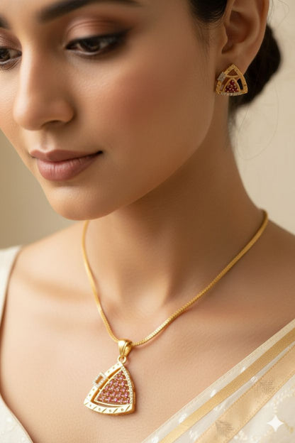 Micro Gold Plated Royal Ruby Triangle -Shaped Pendant Set with Earrings