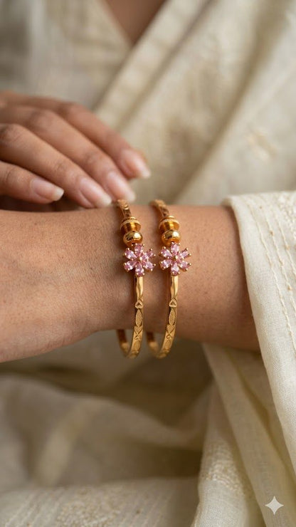 Elegant Gold Plated fancy adjustable light pink Floral bangle with Pink Stone