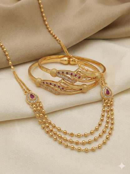 Elegant Ruby Drop Gold-Plated 3 Layer Diamond Chain & Bangle Combo
