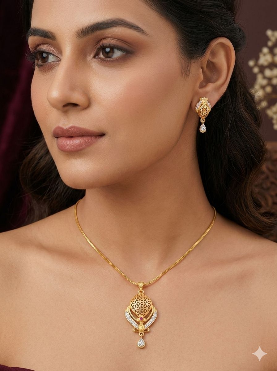 Elegant Gold-Plated Filigree Pendant Necklace Set with AD Stone Drops with 18 inches chain