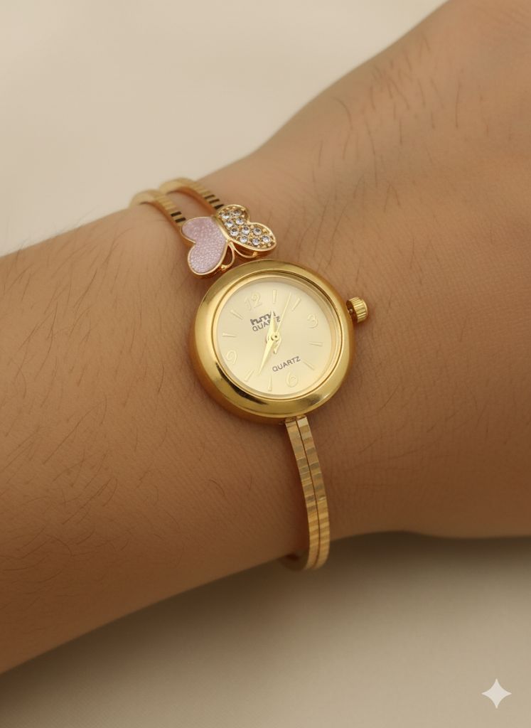 Micro Gold Plated And Diamond Studded Fancy Butterfly Adjustable Bracelet Watch