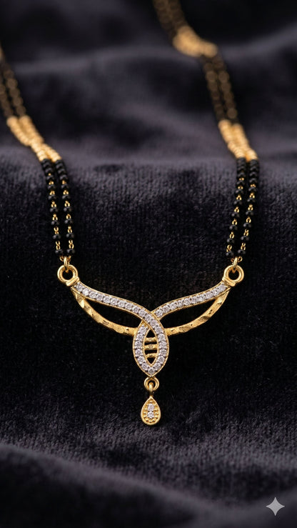 Elegant Diamond Curve Mangalsutra with Dual Black Bead Chain & Drop Charm